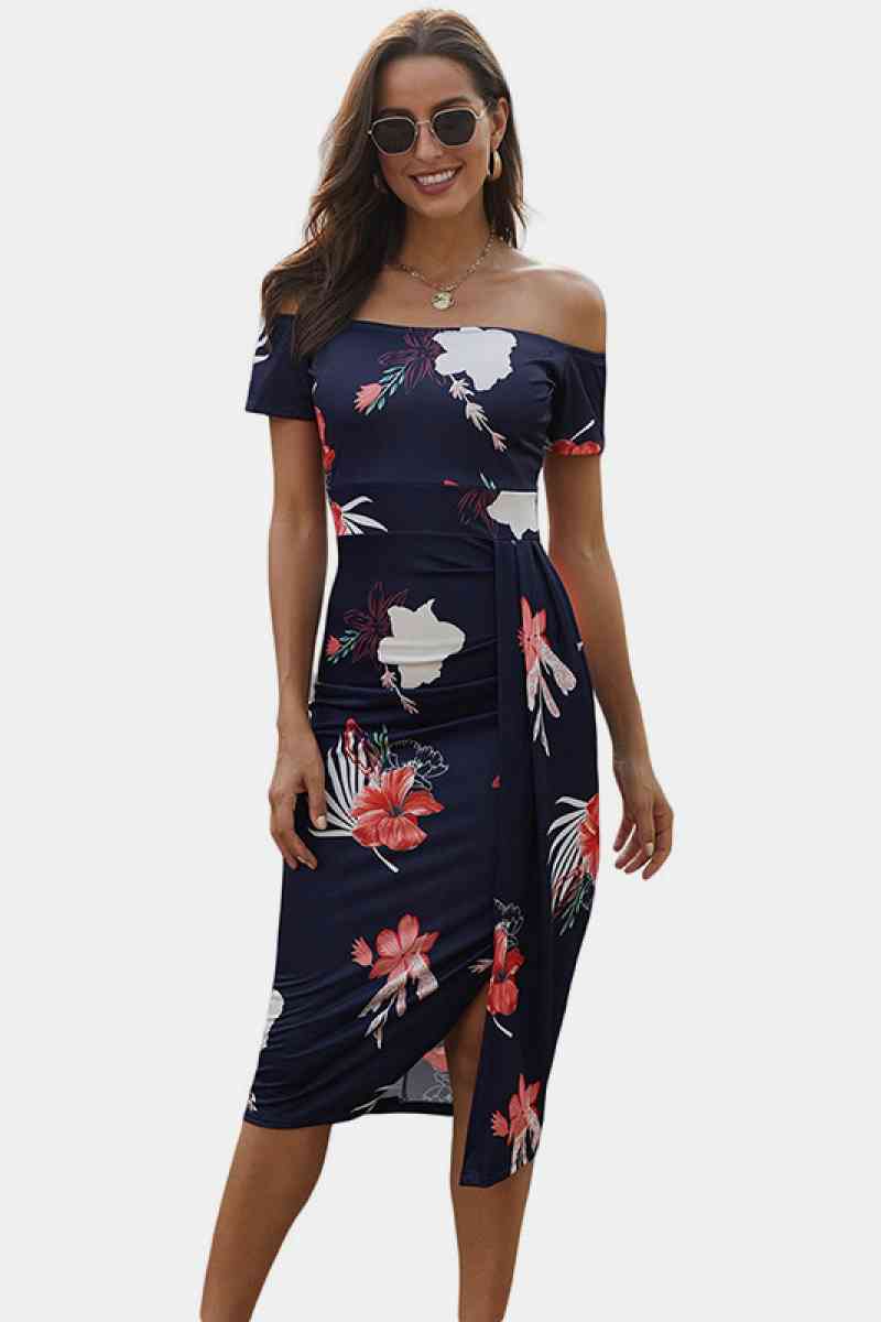 Floral Off Shoulder Slit Wrap Dress ...